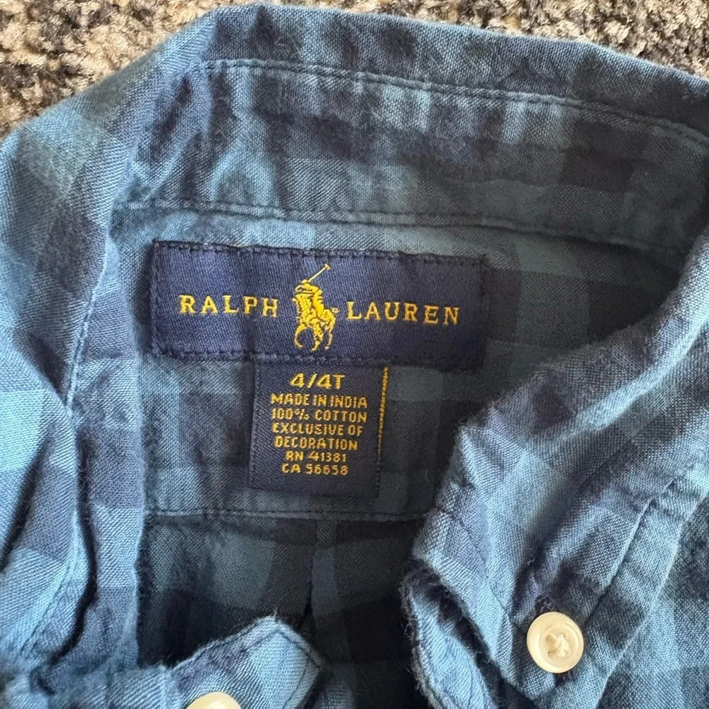 Ralph Lauren Boys Kids Blue Checkered Plaid Button Down Pony Shirt 4T